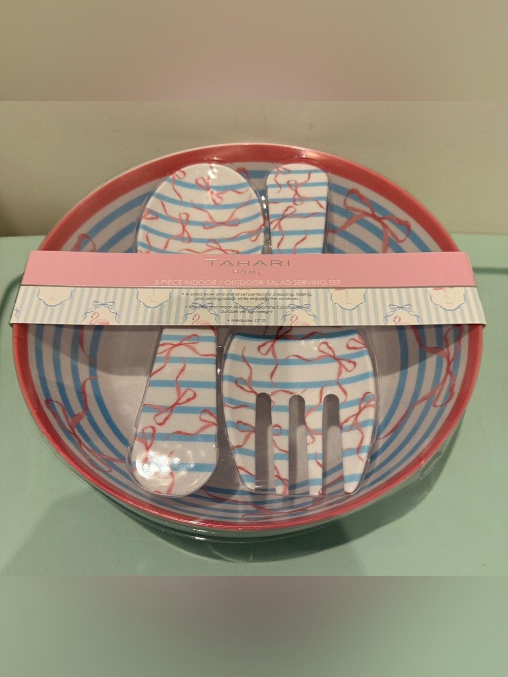 Tahari Blue & Pink Striped 3-Piece Salad Serving Set- NWT